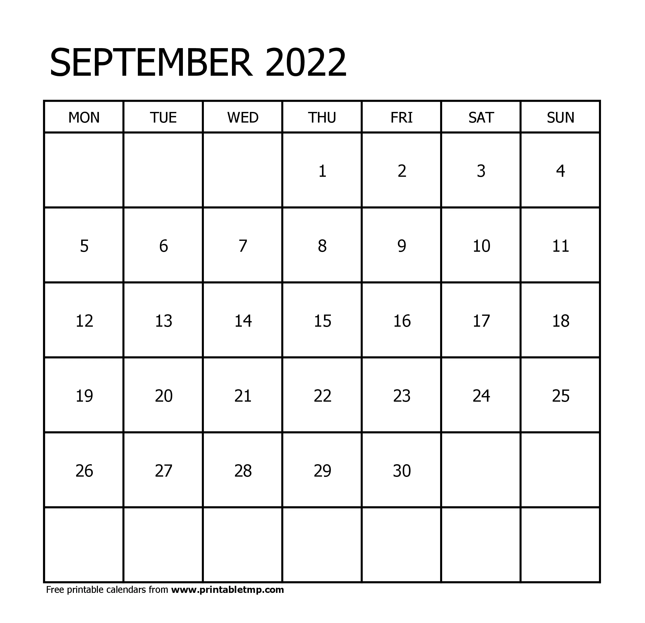 Simple One Month Printable Calendar Template for September 2022