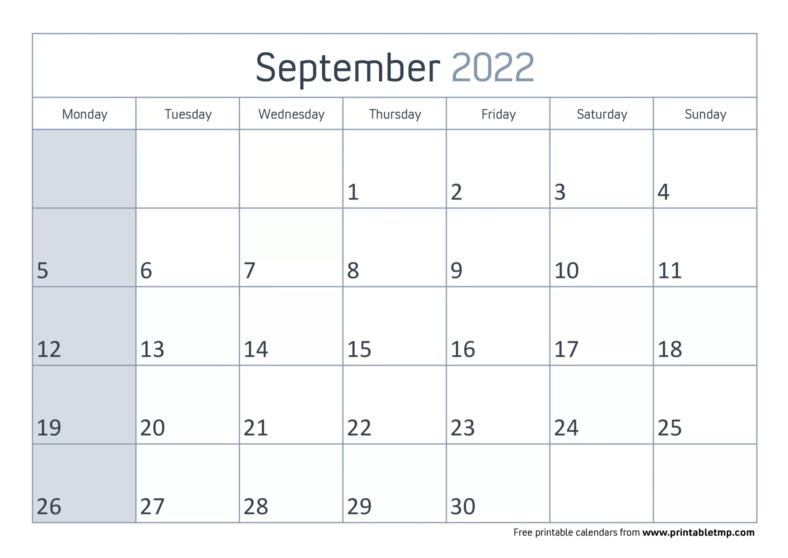 September 2022 Calendar with Monday Highlight