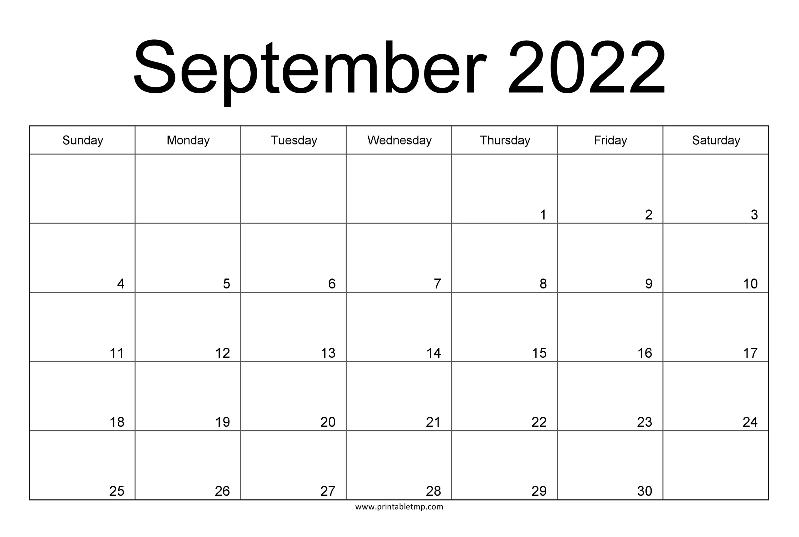 September 2022 Calendar Printable Template - Black and White