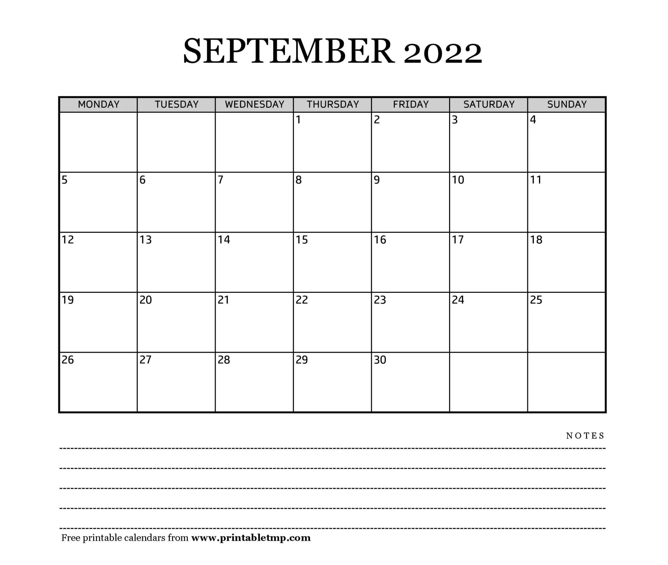 September 2022 Calendar Printable with Notes