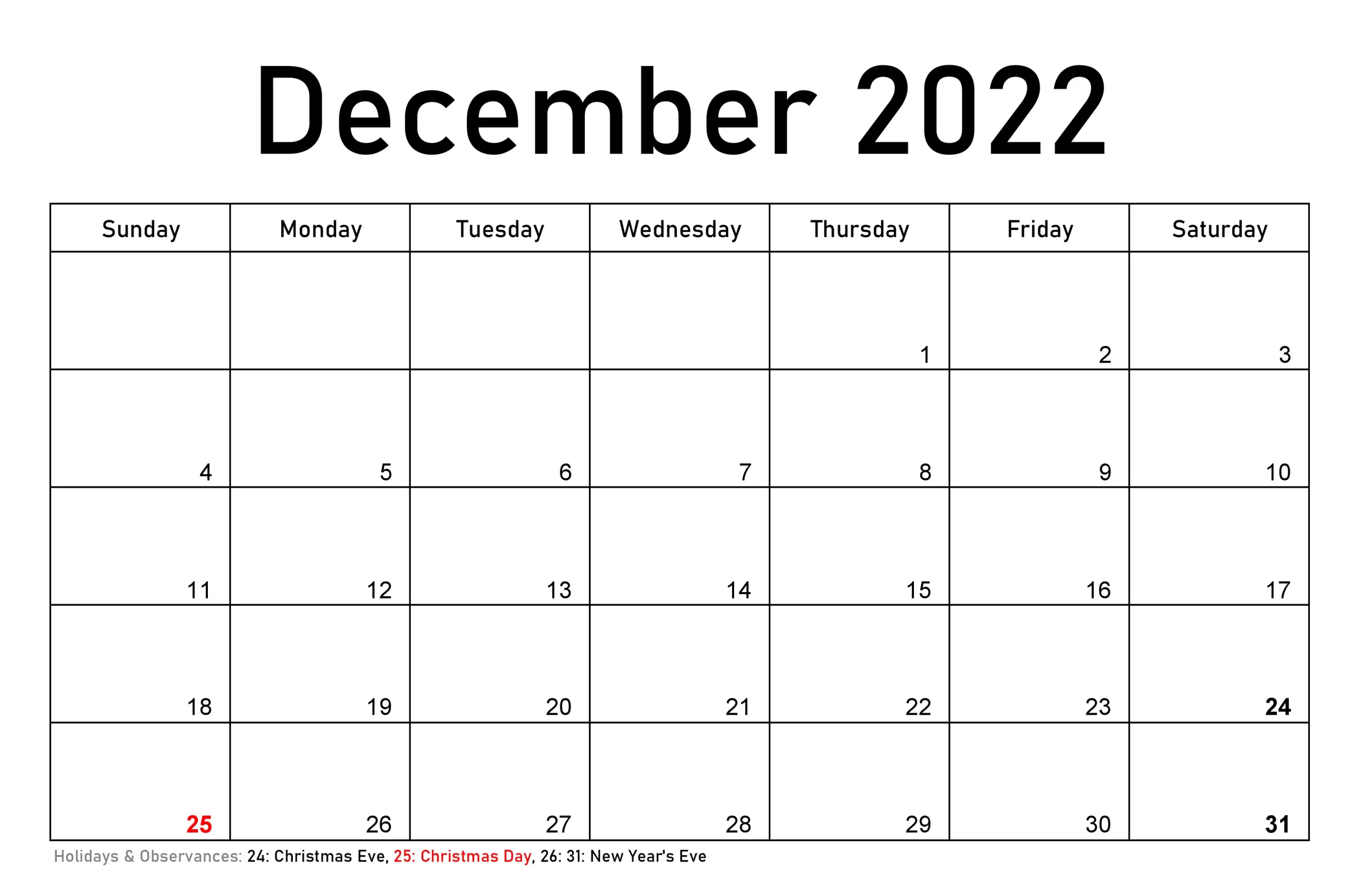 December 2022 Calendar Printable with Holidays (UNITED STATES)