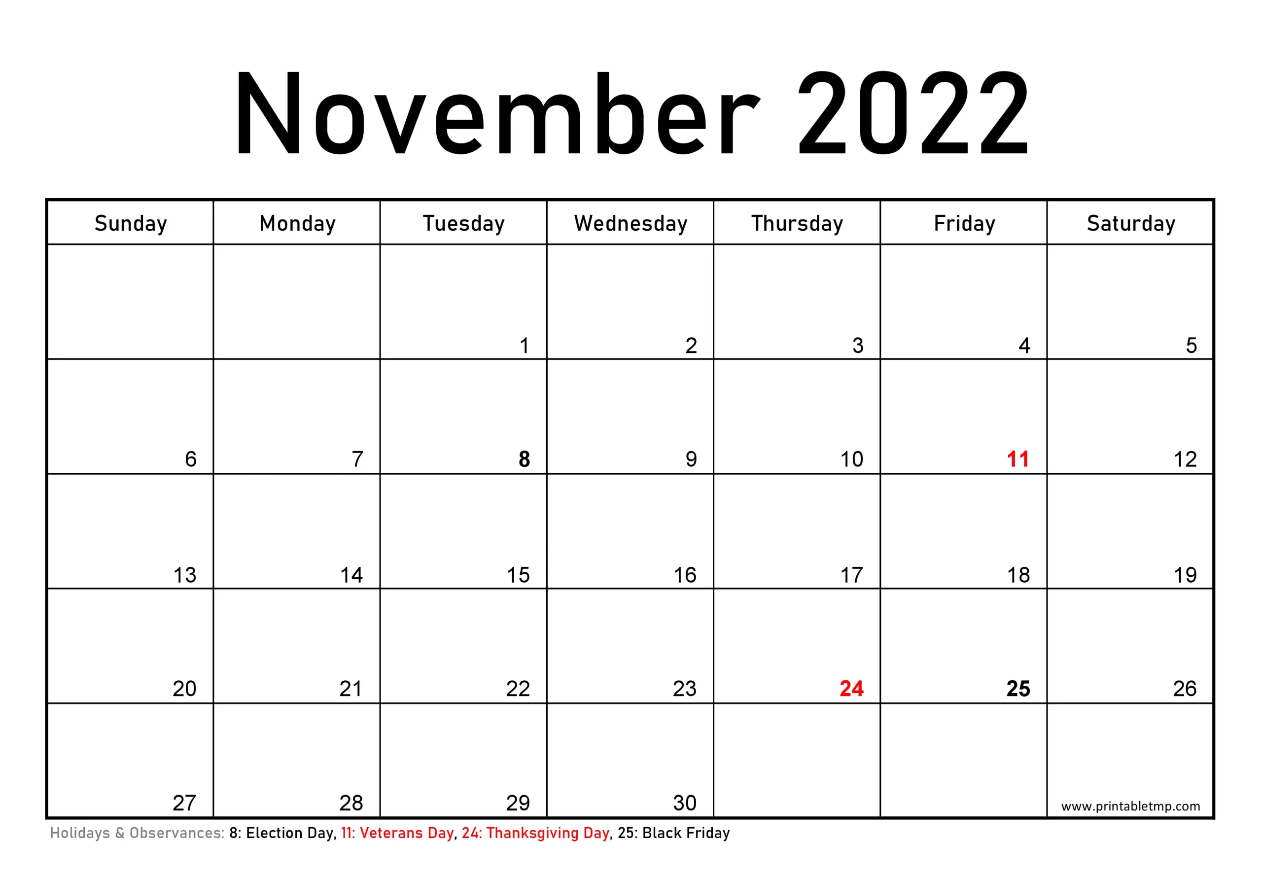 Free Printable November 2022 Calendar Template